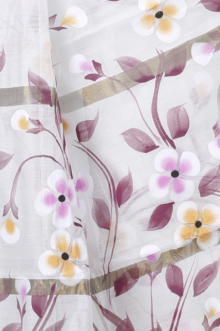 Cream Blended Cotton Tonika Hand Painted Saree (1218)